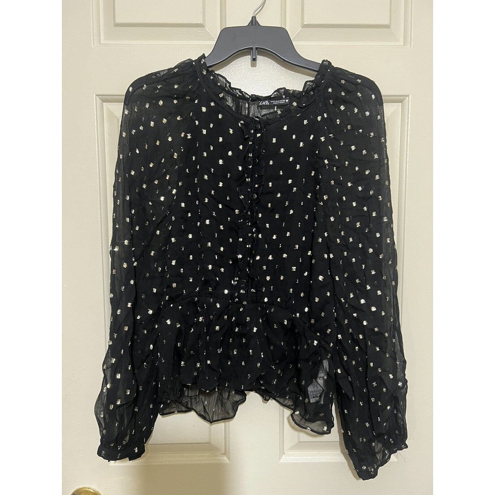 Zara Button Up Polyester Ruffled Sheer Sleeve Blo… - image 1